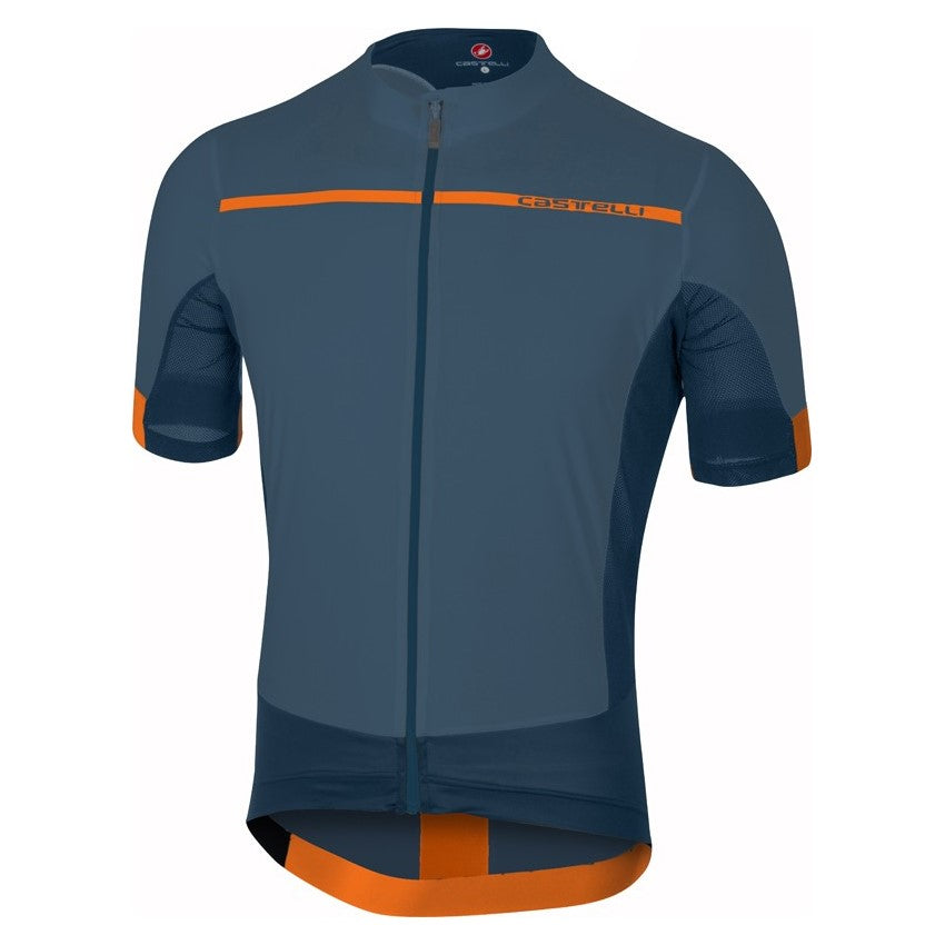 Castelli Forza Pro cycling jersey in Saturn Blue and Orange, showing front view with breathable fabric and logo details.