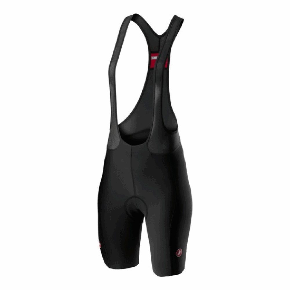 Black Castelli Velocissima 2 women's bib shorts, lightweight cycling shorts with adjustable straps and sleek design.
