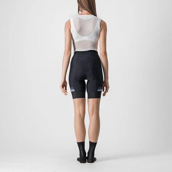 Black Castelli Prima shorts for cycling, featuring a comfortable fit and streamlined design, shown in dark gray and black.