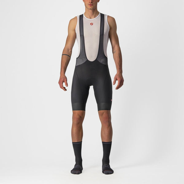 Black Castelli Endurance 3 bib shorts for cycling, featuring a snug fit and breathable fabric for long-distance comfort.