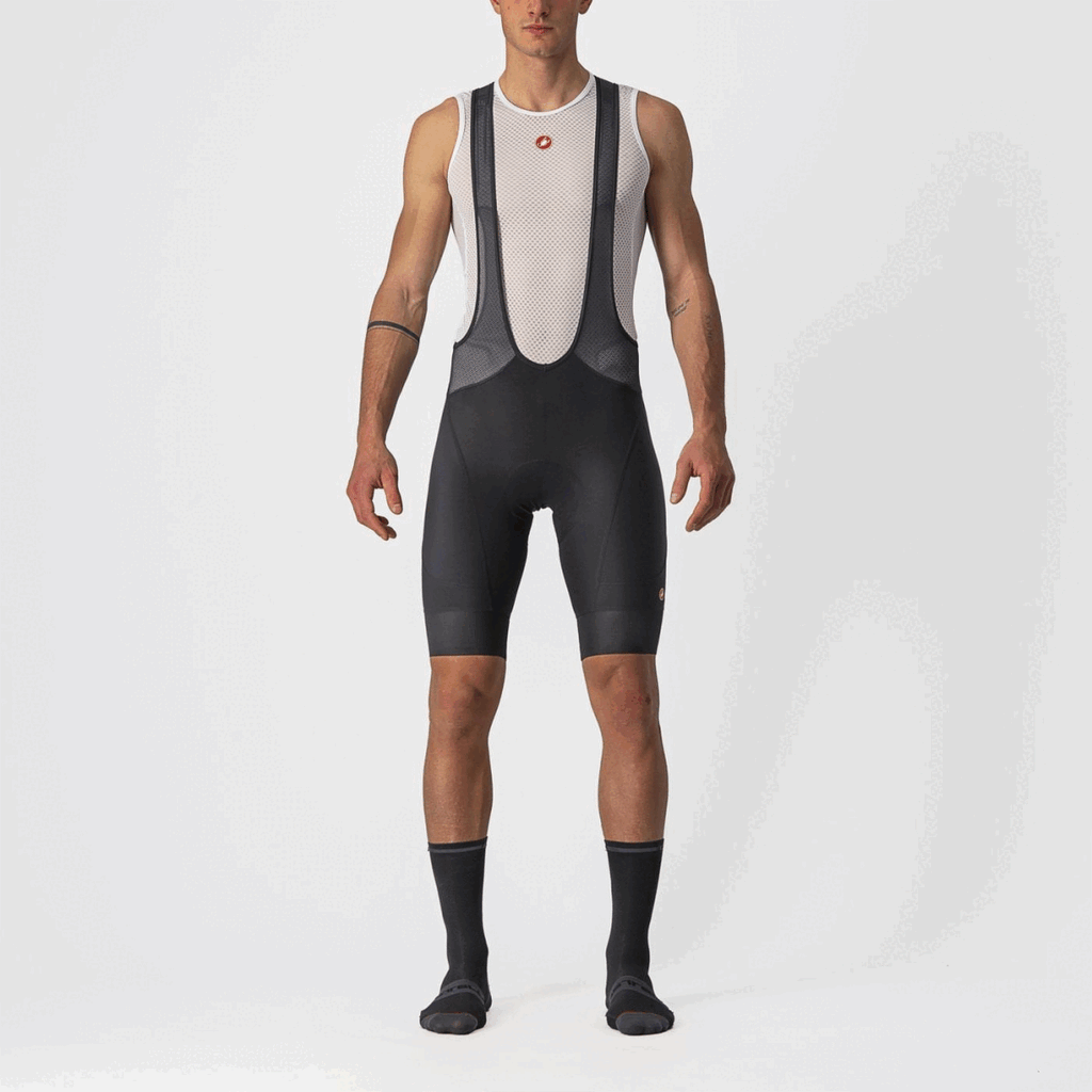 Black Castelli Endurance 3 bib shorts, close-up of the padded cycling bibs with sleek design and adjustable straps.