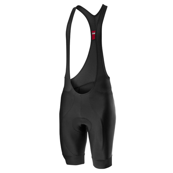 Black Castelli Entrata bib shorts for cycling, featuring a snug fit and breathable fabric, designed for comfort during long rides.