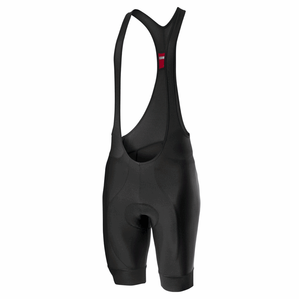 Black Castelli Entrata bib shorts for cycling, featuring breathable fabric and ergonomic fit for comfort during rides.