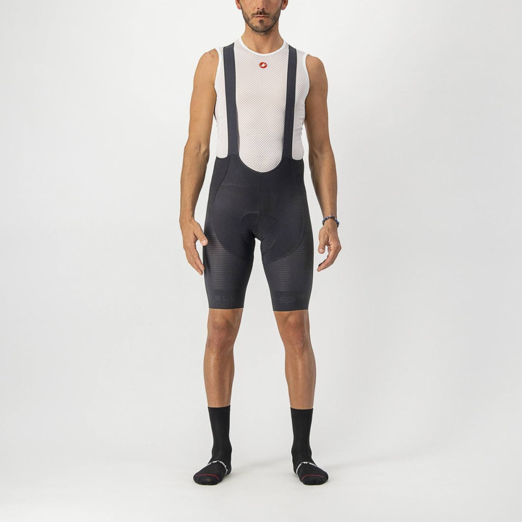 Black Castelli men's Superleggera bib shorts with form-fitting design and padded chamois for cycling comfort.