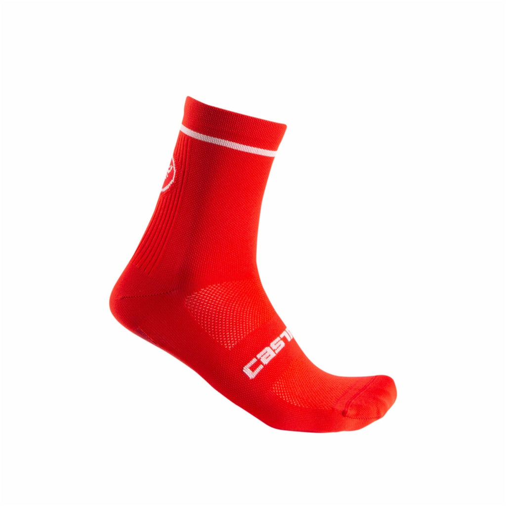 Red Castelli Entrata 13 cycling socks in XL size, featuring breathable fabric and comfortable fit for cycling enthusiasts.