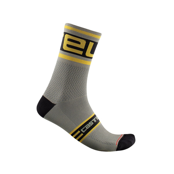 Castelli PROLOGO 15 blue cycling socks with logo, made of breathable fabric, shown in size L-XL.
