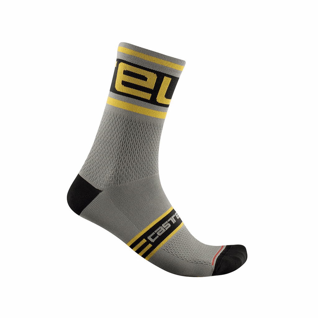Castelli PROLOGO 15 blue cycling socks with ribbed cuffs and logo detail, designed for comfort and performance.