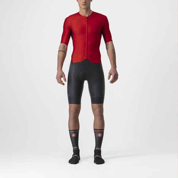 Black and red Castelli Sanremo 4.1 Speed Suit for racing, featuring aerodynamic design and high-performance fabric.