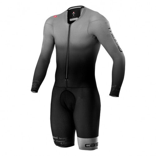 Castelli Triathlon Speed Suit Body Paint 4.X Long Sleeve in silver, gray, and black, designed for optimal performance and aerodynamics.