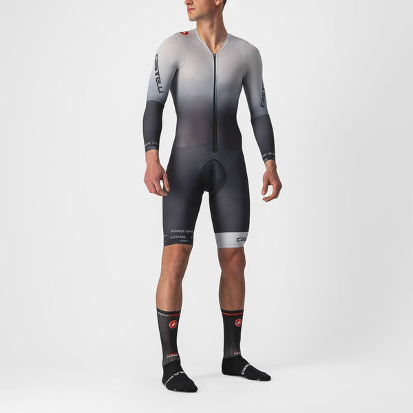 Castelli Triathlon Speed Suit Body Paint 4.X Long Sleeve in silver, gray, and black, designed for aerodynamic performance.