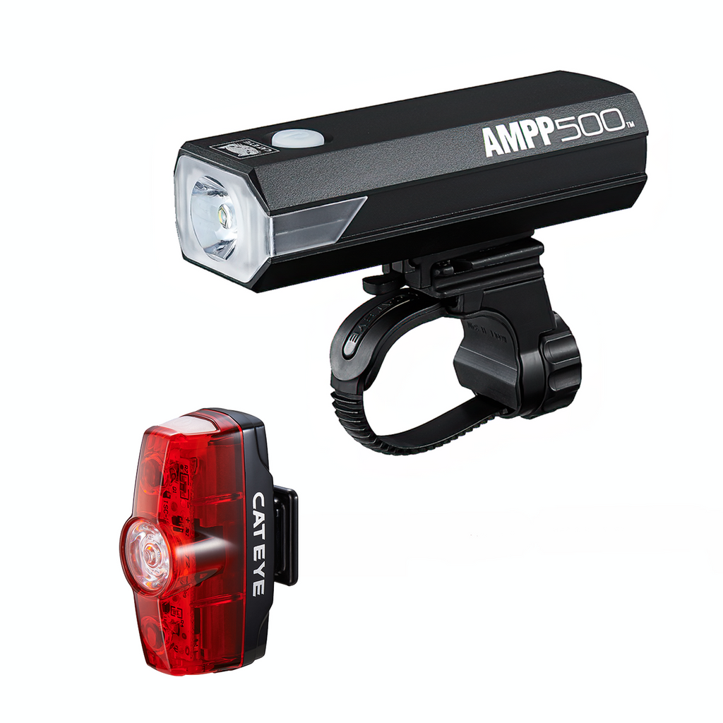 Cateye rechargeable bike lights set with Ampp 500 and Rapid Mini EL085, compact and bright cycling lighting system.