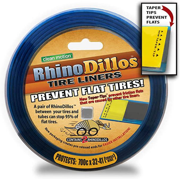 Clean Motion Tire Liners Rhinodillos prevent punctures for 700c x 32-41 bike tires, shown in a combo pack of two with gold accents.