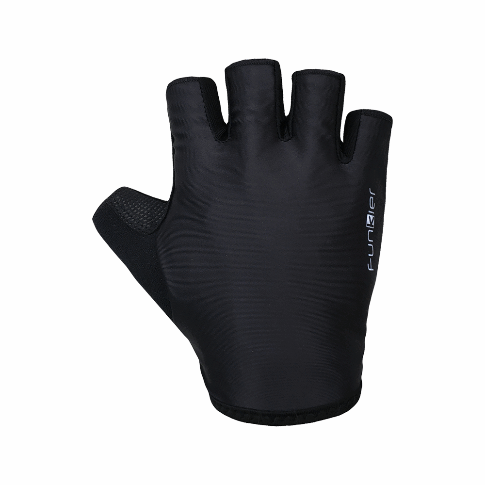 Black Funkier Road Gloves, Termini model, lightweight cycling gloves with padded palms and adjustable wrist straps.