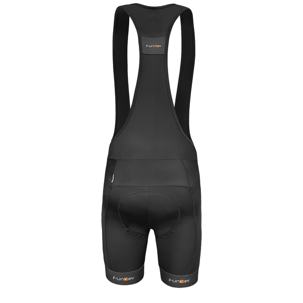 Black Funkier men's Pro bib shorts with S-989-D8 Tonti gel pad, designed for cycling comfort and performance.