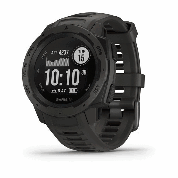 Garmin Instinct sports and fitness smart watch in graphite with digital display and rugged design for outdoor activities