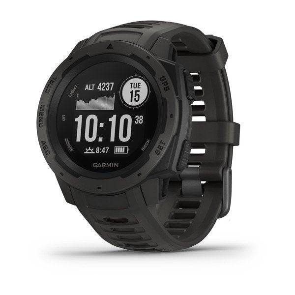 Garmin Instinct smart watch in graphite with sports and fitness features, displaying digital time and activity tracking on the screen.