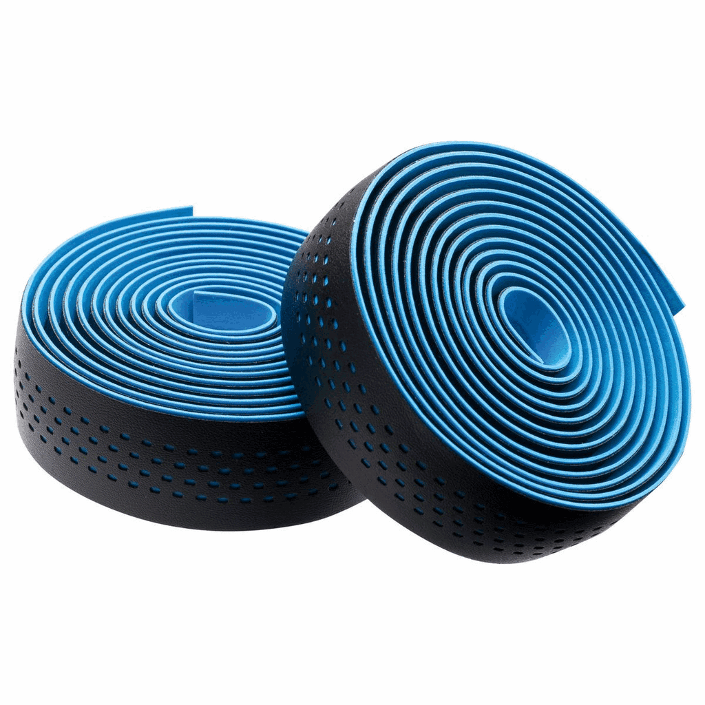 Black Merida handlebar grips and tape with blue dot accents, soft and comfortable for bike handlebars.