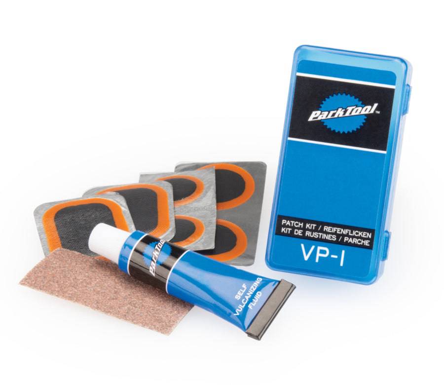Parktool Vulcanizing Patch Kit with patches, glue, and sandpaper for bicycle puncture repair and prevention.