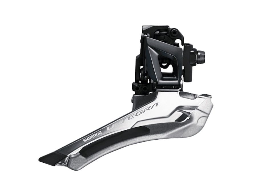 Shimano Ultegra FD-R8000 2x11-speed front derailleur, black, brazed-on design for road bike gear shifting.