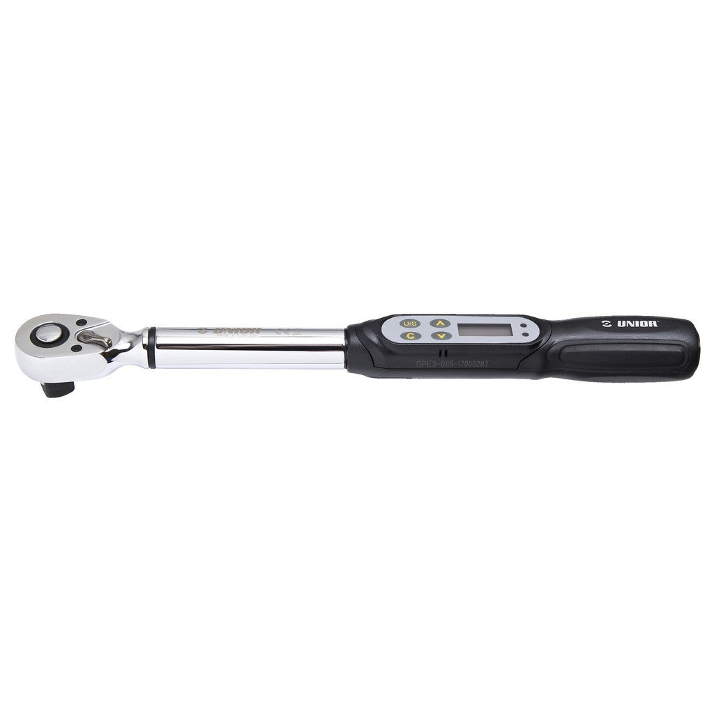 Unior electronic torque wrench showing digital display and adjustable handle, used for precise torque measurement from 1 to 20 Nm.