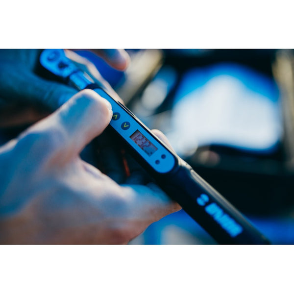 Unior electronic torque wrench measuring 1-20Nm, displayed with digital controls and ergonomic handle for precise torque application.